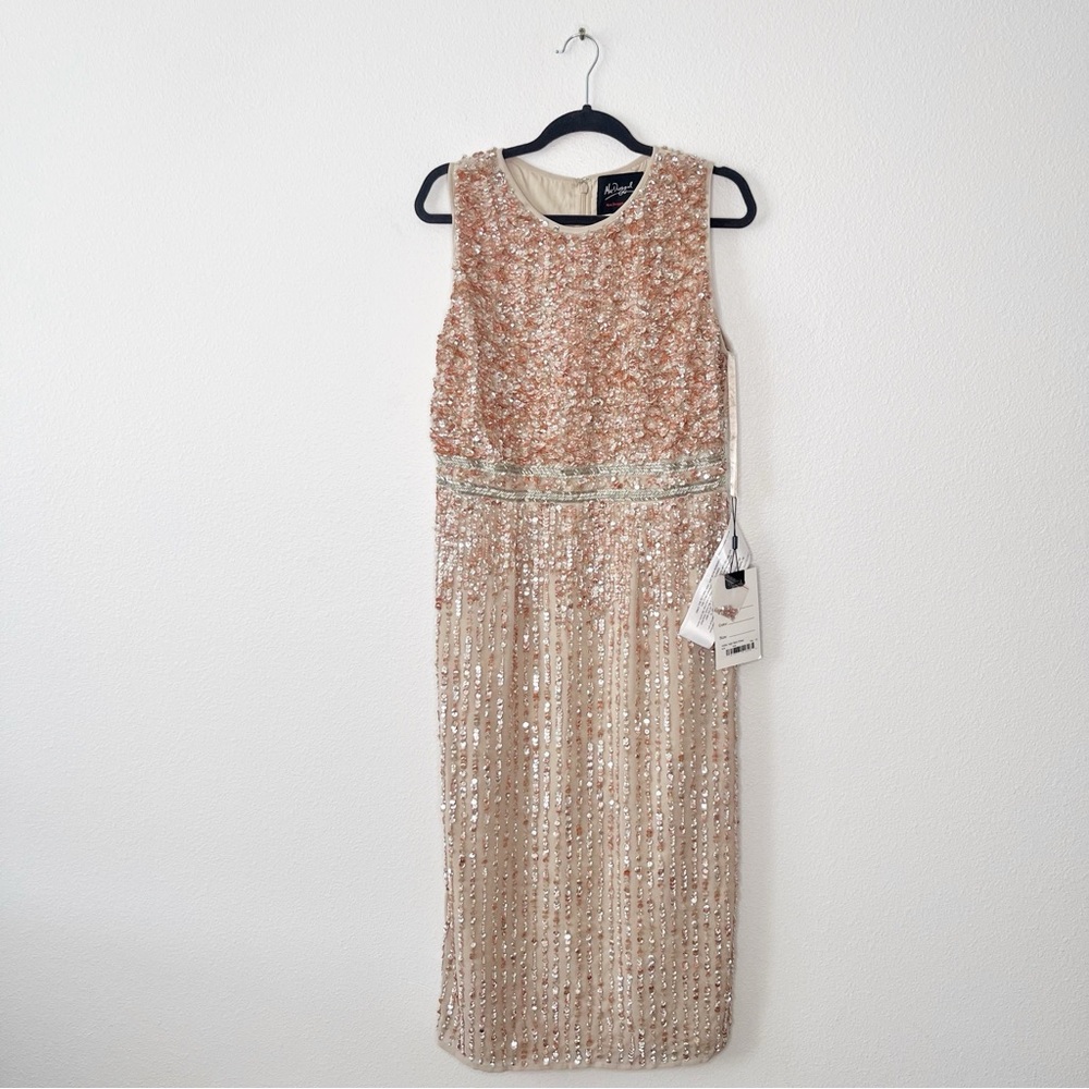 Mac Duggal Nude Beaded Sequin Midi Dress Sheath Cocktail Formal Size 10 Chic NEW